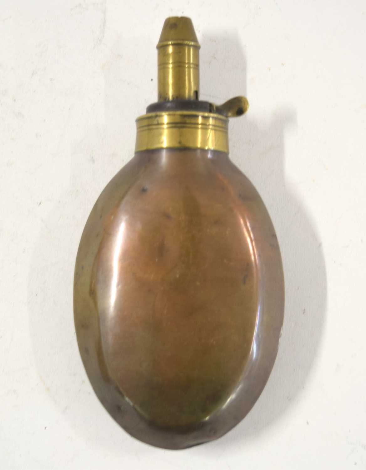 Quantity of 4 brass and copper 19th century hunting powder flasks to include flask with dogs and - Image 10 of 10