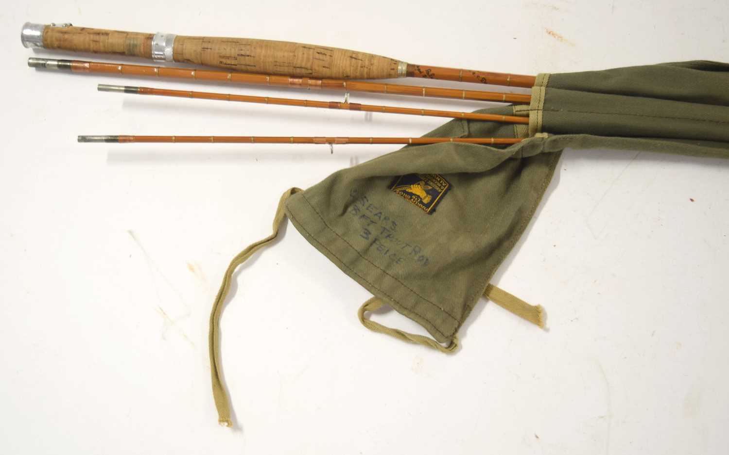 Mid-20th century 3 section split cane rod made by hardy bros ltd stamped “E 66152” with extra top