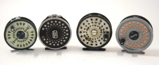 Quantity of four fly fishing reels to include: Japanese Olympic 4310, Rimfly British Leeda, Daiwa