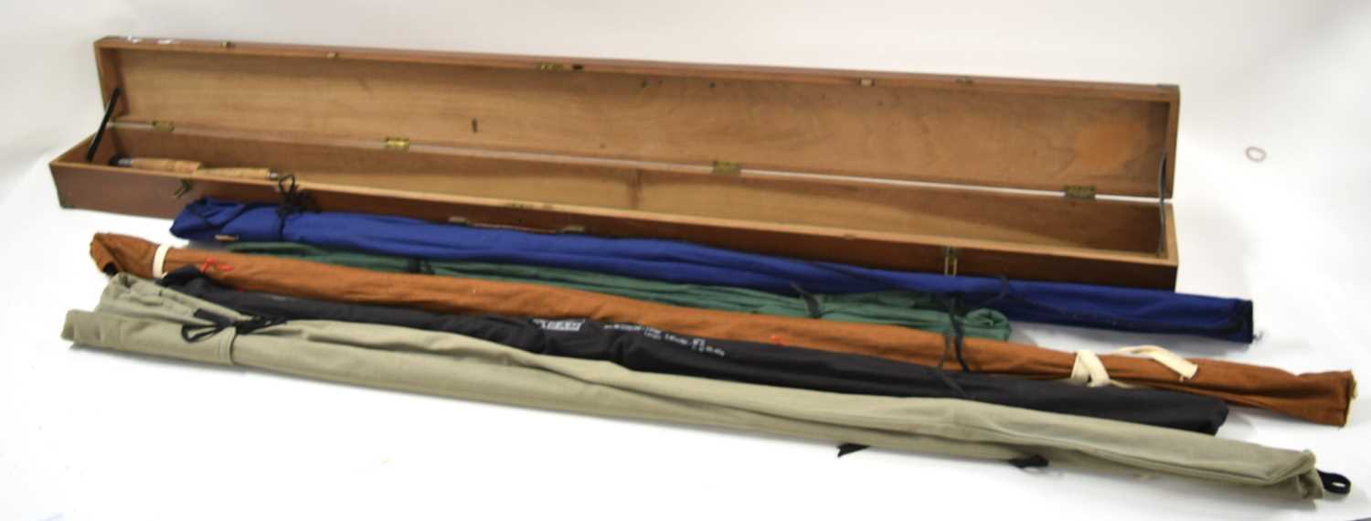 Quantity of 5x 20th century cane fly fishing rods in pine wooden rod box marked “JUDGE” (a/f) to - Image 2 of 3