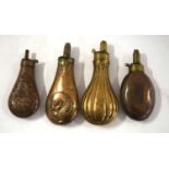 Quantity of 4 brass and copper 19th century hunting powder flasks to include flask with dogs and