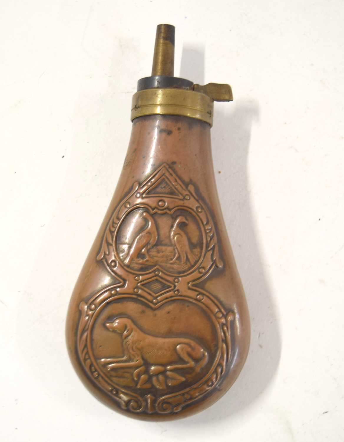 Quantity of 4 brass and copper 19th century hunting powder flasks to include flask with dogs and - Image 2 of 10