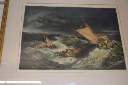 John Cohter-Webb coloured print of boats on rough sea, framed and glazed