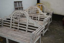 A set of three Lutyens style weathered teak garden benches, approx 160cm wide