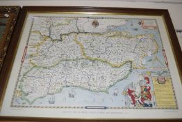Reproduction Saxtons map of Kent, Sussex, Surrey and Middlesex, framed and glazed