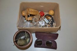 Box of various items to include a small brass jardiniere, bottle stopper, carved wooden figure etc
