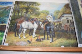 20th Century school study of horses and chickens, oil on canvas, unframed