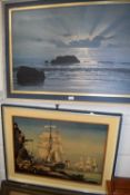 After Ellenshaw, Silver Sunset, coloured print, framed together with a further harbour scene