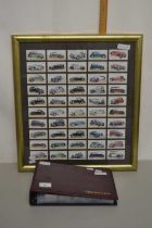 Quantity of framed cigarette cards of cars together with an album of other cigarette cards