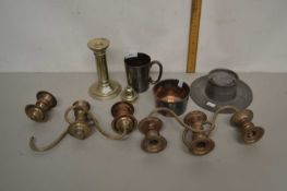 Various silver plated wares, pewter ink well etc