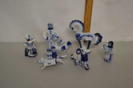 A collection of Russian Gzel blue and white figurines