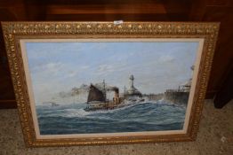 Russ Foster study of a Lowestoft Trawler Entering Harbour, oil on board, gilt framed