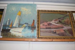 20th Century School study of a moored boat, oil on canvas, unframed together with a further