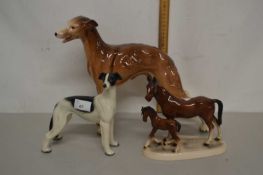 Mixed Lot: Two models of greyhounds together with a model horse and foal