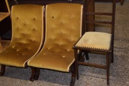 A pair of gold draylon upholstered slope back bedroom chairs together with a further Edwardian