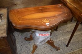 A reproduction inlaid pedestal card table with green baize lined interior, 84cm wide