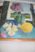 20th Century School still life study of flowers, fruit and vegetables, oil on canvas, unframed