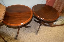 A pair of reproduction mahogany pedestal tables with circular tops (Item 85 on vendor list)