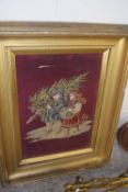 Large gilt framed tapestry picture of two figures with a Christmas tree, frame 80 x 100cm