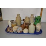 A tray of various assorted fossils, vintage bottles etc