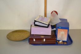 A tray of mixed items to include boxed glass ware, candle holders, photo album, brass bowl etc