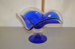 A mid Century clear and blue glass pedestal bowl or centrepiece