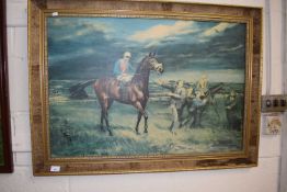 After Douglas Connor, coloured print of racehorses, framed and glazed
