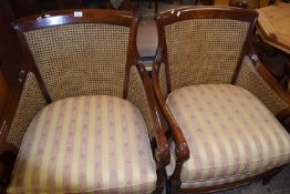 A pair of modern hardwood and cane framed armchairs