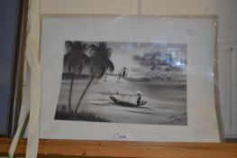 A group of three contemporary Oriental studies of fishermen, river scenes etc, unframed