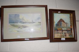 Scene off Whitby by J Freeman, watercolour together with a continental street scene, framed