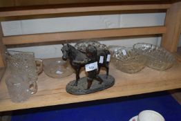 Metal figurine of a boy and pony together with a quantity of glass ware