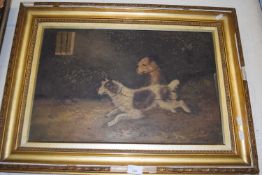 Dogs on a leash, oil on board in gilt frame