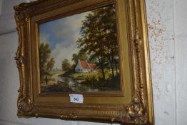 Cottage by waterside, oil on board, gilt frame