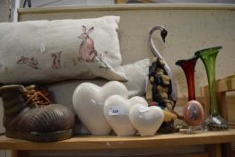 Mixed Lot: Two cushions, pair of spill vases, heart shaped vase, stone egg etc