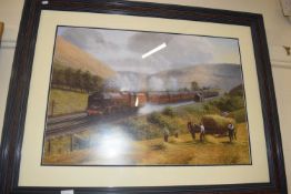 Haymaking by the railway, framed and glazed