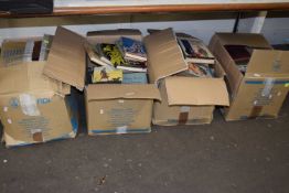 Four boxes of assorted books to include leather bound encyclopaedias, hardback and paperback