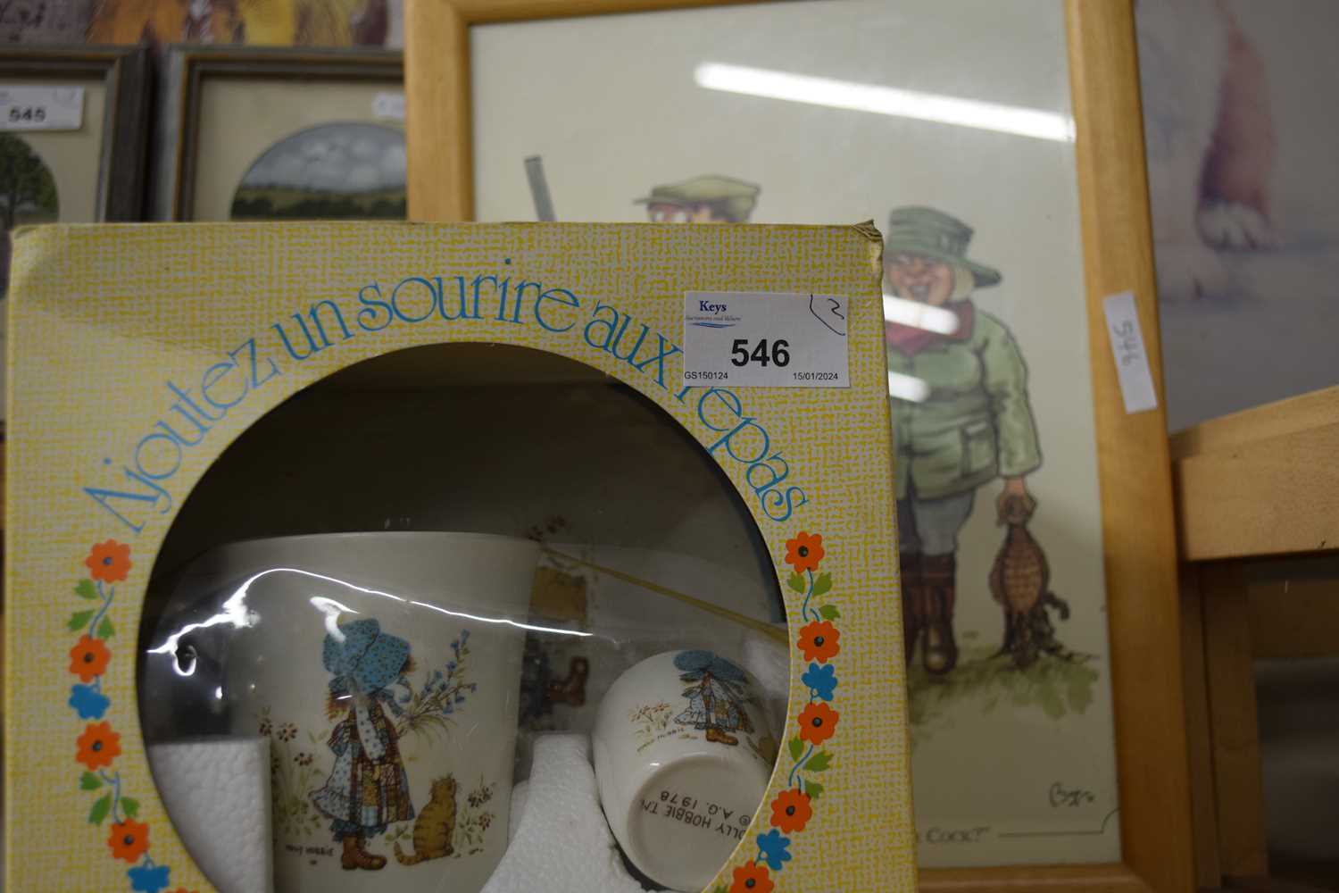 A Holly Hobbie tea set together with a sporting comical print