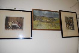 A gentleman dining by W A Cox together a hunting scene and another print (3)