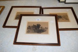 Three sepia coloured landscape prints framed