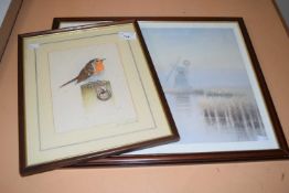 Study of a robin together with a print of a windmill at dusk, framed and glazed