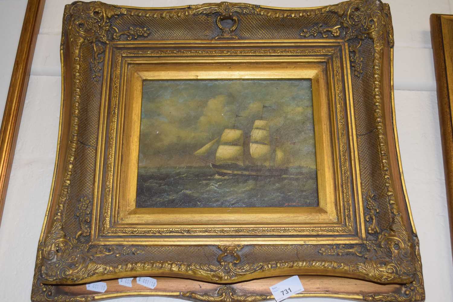 Ship at sea, oil on canvas in gilt frame