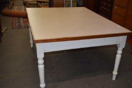Laminate topped kitchen table with cream painted turned pine legs, approx 156cm long