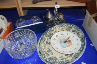 A Wedgwood Peter Rabbit wall clock together with two oval serving dishes, table cruet, brandy
