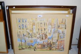 Two church studies, another of a cityscape and a reproduction naive countryside print (4)