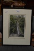 Late Victorian school study of Lyndford Waterfall, Devon, watercolour, framed and glazed