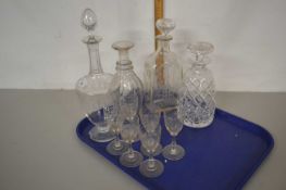 Tray of various decanters, drinking glasses etc