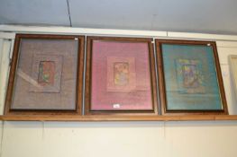 April Ambrose De Havilland, a set of three modern embroidery pictures, abstract floral and geometric