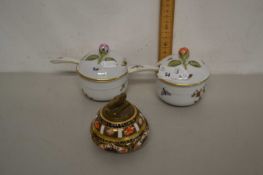 A Royal Crown Derby table lighter together with two Herend condiment pots with spoons (3)