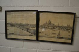 Two monochrome prints City of London and London Bridge