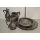 Mixed Lot: Various pewter wares to include jugs, chargers etc
